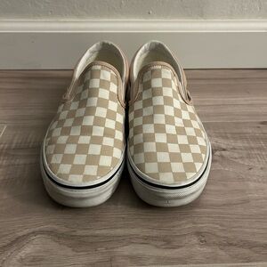 Vans Beige and White Checkered Slip-On Sneakers